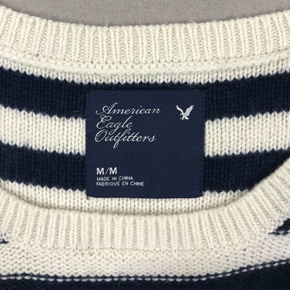 American Eagle Sweater Womens Medium Blue White Striped Pullover Knit Round Slit - Picture 3 of 12